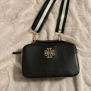 Small black & gold leather Tory Burch cross body bag